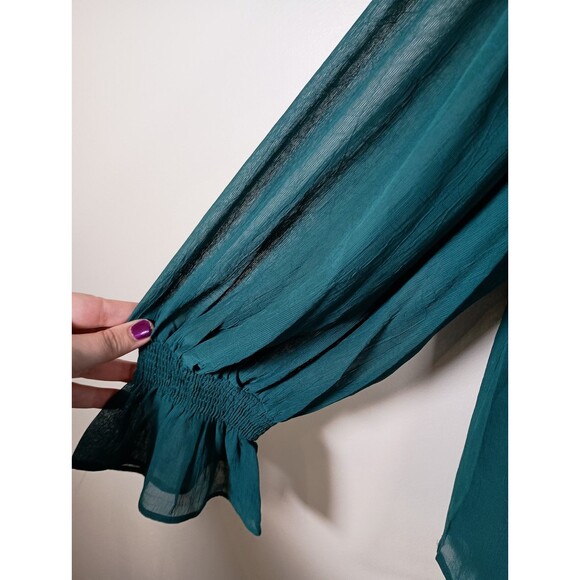 Entro V Neck Teal Balloon Sleeve Chiffon Career Workwear Top Size Medium - Picture 3 of 8